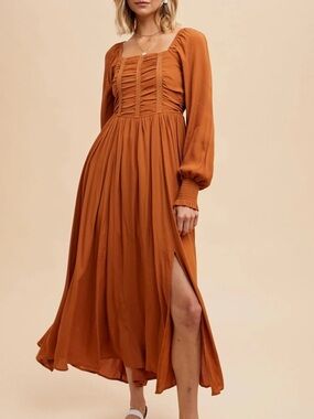 NWOT In Loom smocked boho rust colored maxi dress